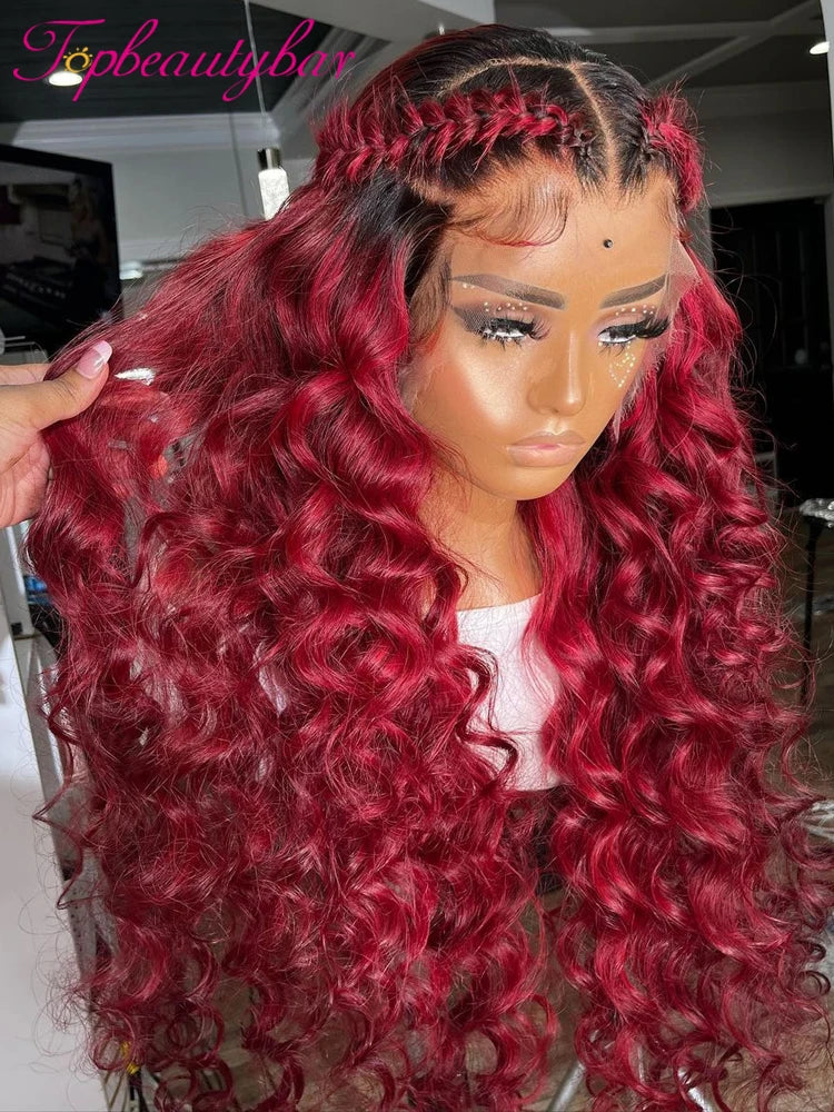 Red and Blonde Color Peruvian 13X4 Lace Front Human Hair Wigs For Women Pre-Plucked 180% Remy Wavy Red Highlight Color Wigs