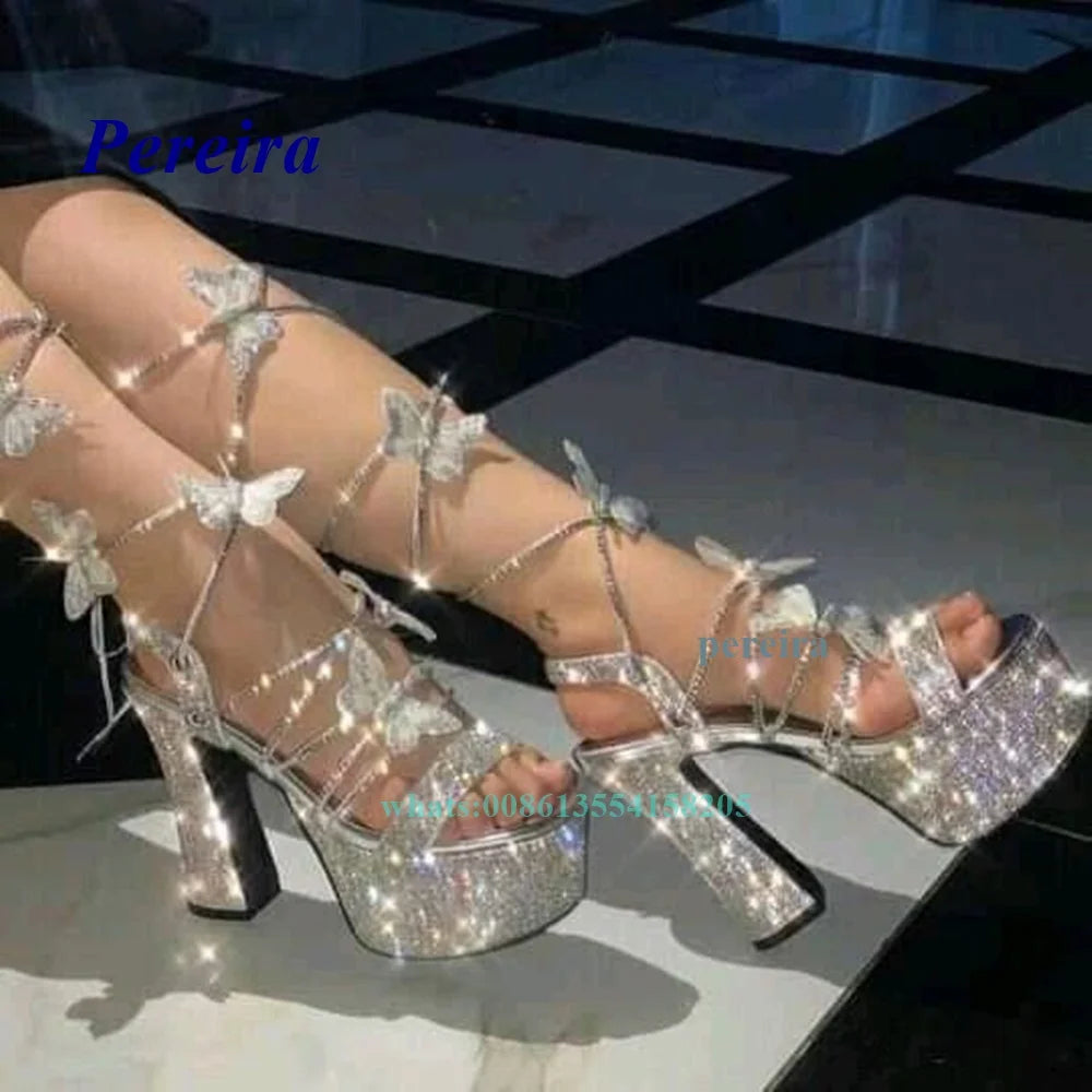 Platform Bling Bling Shoes 2022 Open Toe Butterfly Chunky Heel Sandals Cross Tied Lace Up High Heels Summer Women Shoes Sweet