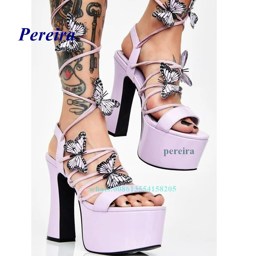 Platform Bling Bling Shoes 2022 Open Toe Butterfly Chunky Heel Sandals Cross Tied Lace Up High Heels Summer Women Shoes Sweet