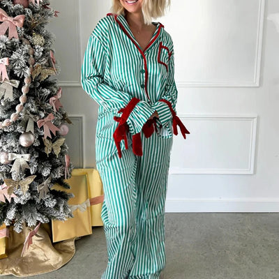 Christmas Pajamas Striped Button Up Crop Blouse Bowknot Long Sleeve Shirt Tops + Wide Leg Pants Women Holiday Lounge Sleepwear - MAGUSTA BEAUTY
