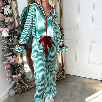 Christmas Pajamas Striped Button Up Crop Blouse Bowknot Long Sleeve Shirt Tops + Wide Leg Pants Women Holiday Lounge Sleepwear - MAGUSTA BEAUTY
