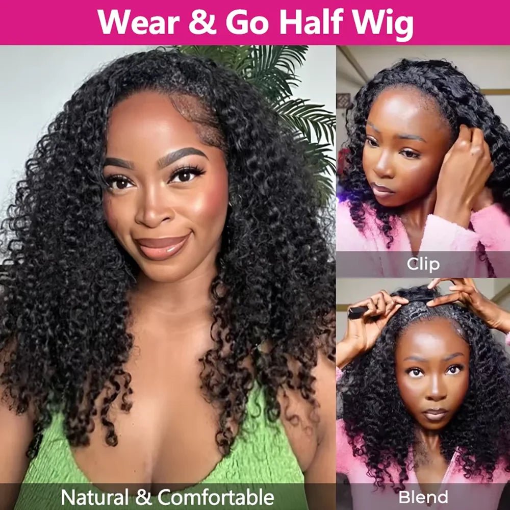 Half Wig Human Hair Wigs 200% Half Wig Kinky Curly Human Hair Wigs 3 In 1 Invisible Hairline Wear Go With Drawstring Seamless - MAGUSTA BEAUTY