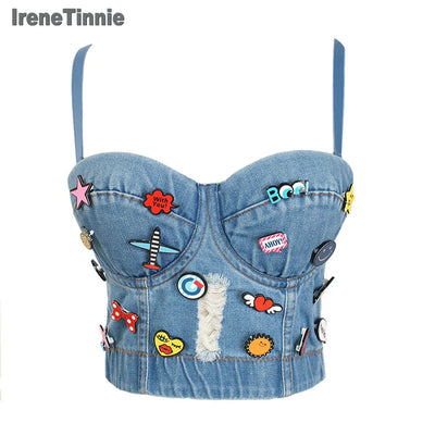 Irene Tinnie Sexy Cute Hole Cartoon Decoration Push Up Bustier Women's Denim Bralette Cropped Top Vest Plus Size - MAGUSTA BEAUTY