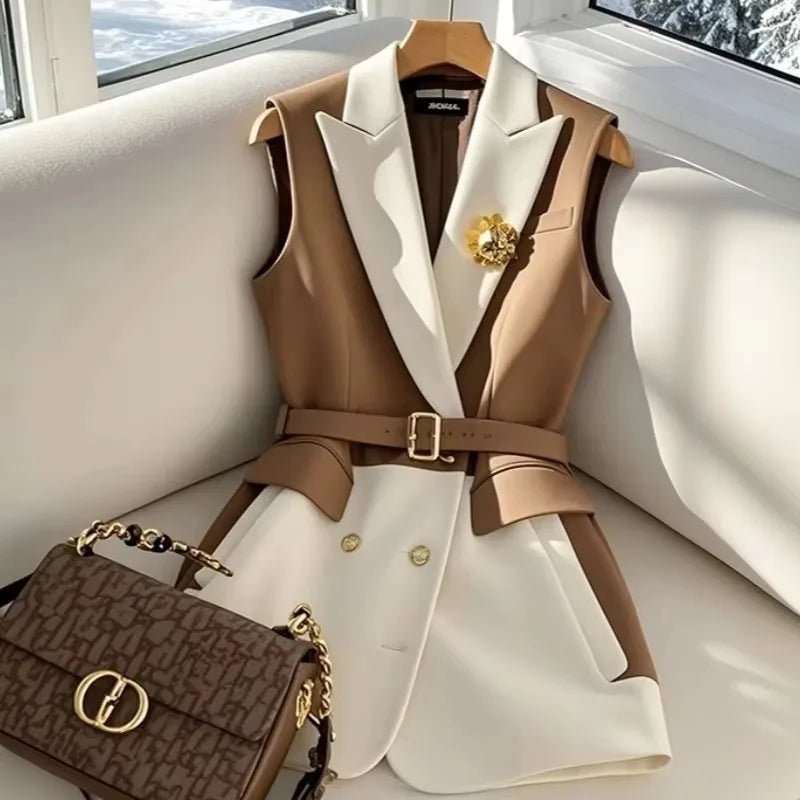 Large Size Summer White Jacket Vest Luxury Big Turndown Collar Point Collar Color Contrast Retro Waistcoat Elegant Office Ladies - MAGUSTA BEAUTY