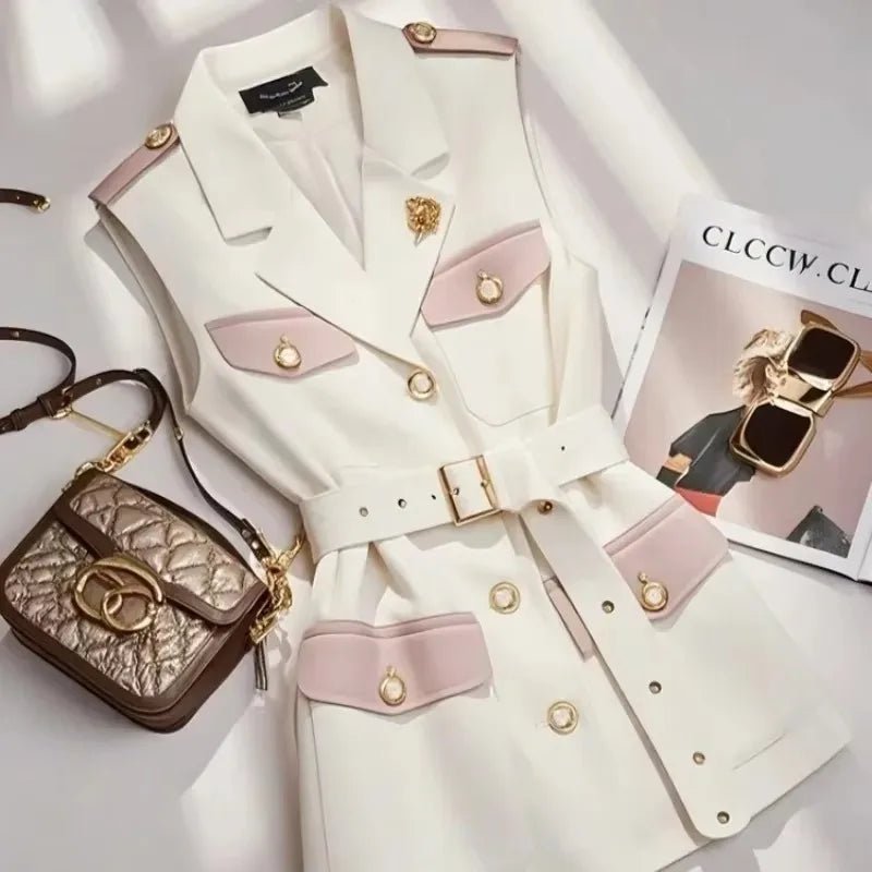 Large Size Summer White Jacket Vest Luxury Big Turndown Collar Point Collar Color Contrast Retro Waistcoat Elegant Office Ladies - MAGUSTA BEAUTY