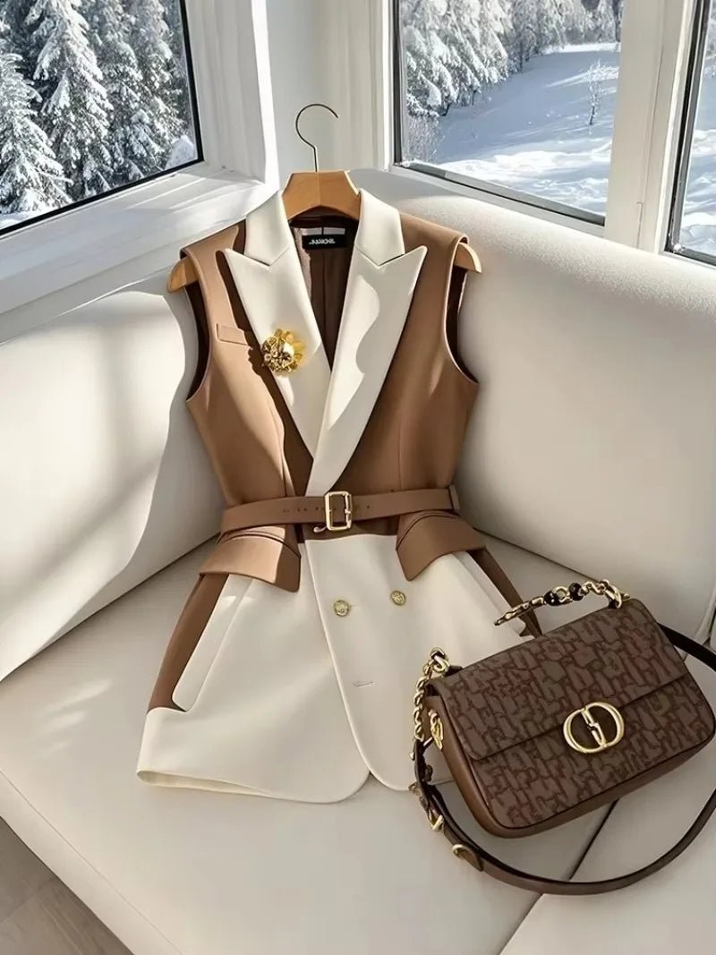 Large Size Summer White Jacket Vest Luxury Big Turndown Collar Point Collar Color Contrast Retro Waistcoat Elegant Office Ladies - MAGUSTA BEAUTY