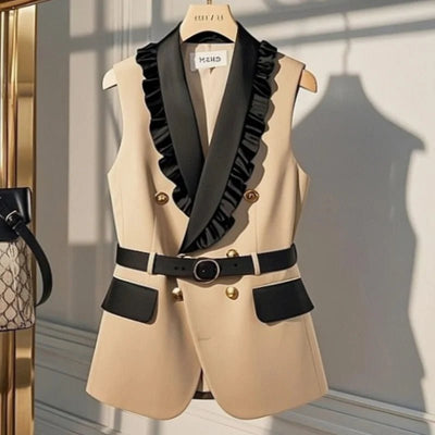 Large Size Summer White Jacket Vest Luxury Big Turndown Collar Point Collar Color Contrast Retro Waistcoat Elegant Office Ladies - MAGUSTA BEAUTY