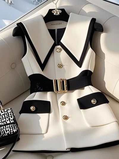 Large Size Summer White Jacket Vest Luxury Big Turndown Collar Point Collar Color Contrast Retro Waistcoat Elegant Office Ladies - MAGUSTA BEAUTY