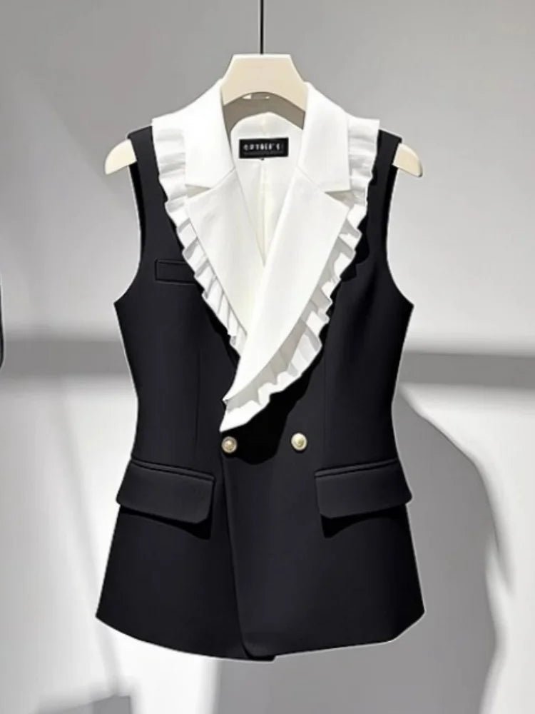 Large Size Summer White Jacket Vest Luxury Big Turndown Collar Point Collar Color Contrast Retro Waistcoat Elegant Office Ladies - MAGUSTA BEAUTY