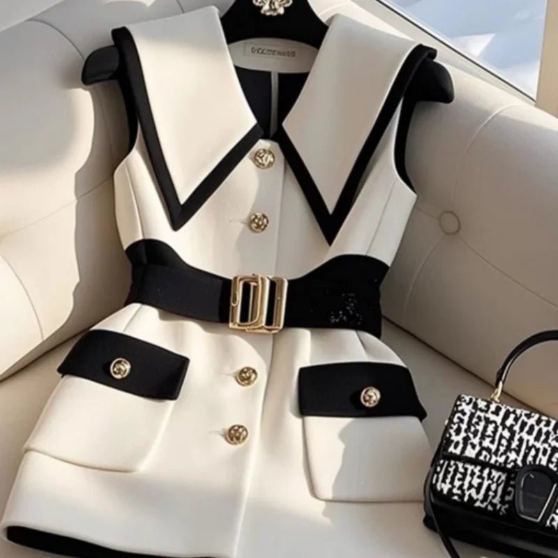 Large Size Summer White Jacket Vest Luxury Big Turndown Collar Point Collar Color Contrast Retro Waistcoat Elegant Office Ladies - MAGUSTA BEAUTY
