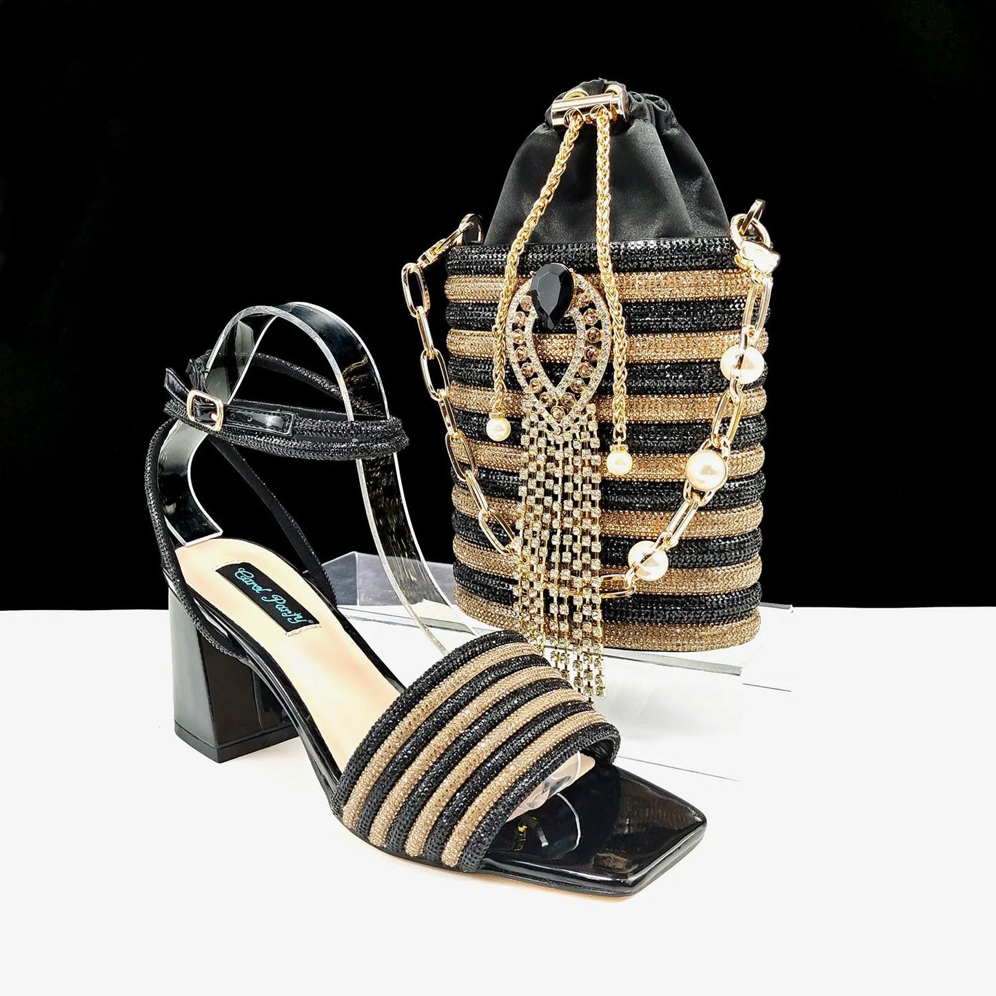 QSGFC Newest Black Color Personalized Design Rhinestone Decoration High Heel Peep Toe Banquet Ladies Shoes And Bag Set - MAGUSTA BEAUTY