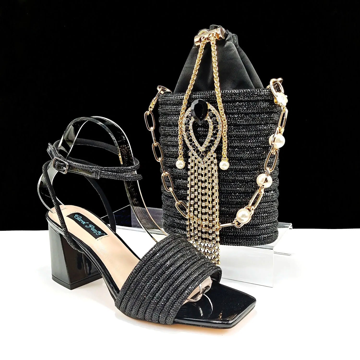 QSGFC Newest Black Color Personalized Design Rhinestone Decoration High Heel Peep Toe Banquet Ladies Shoes And Bag Set - MAGUSTA BEAUTY