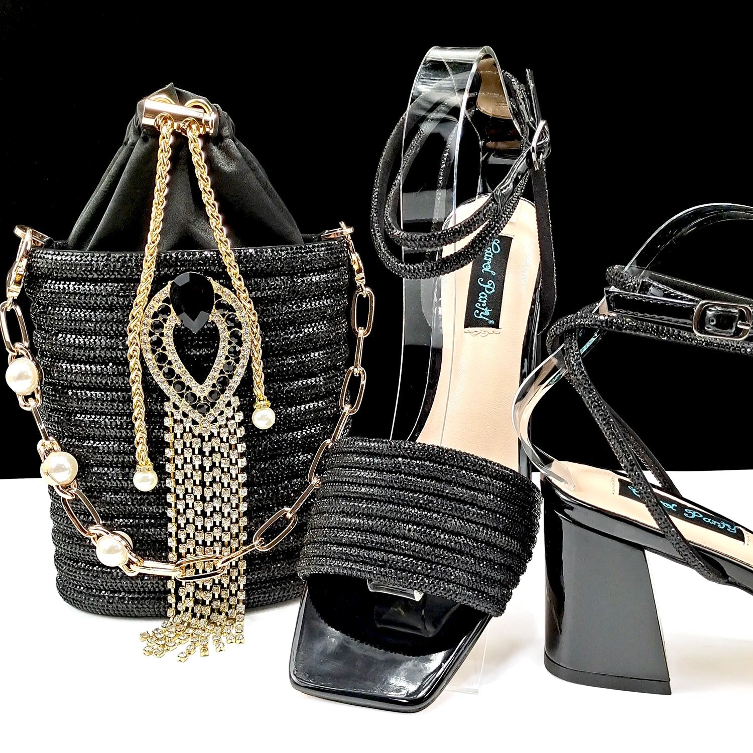 QSGFC Newest Black Color Personalized Design Rhinestone Decoration High Heel Peep Toe Banquet Ladies Shoes And Bag Set - MAGUSTA BEAUTY
