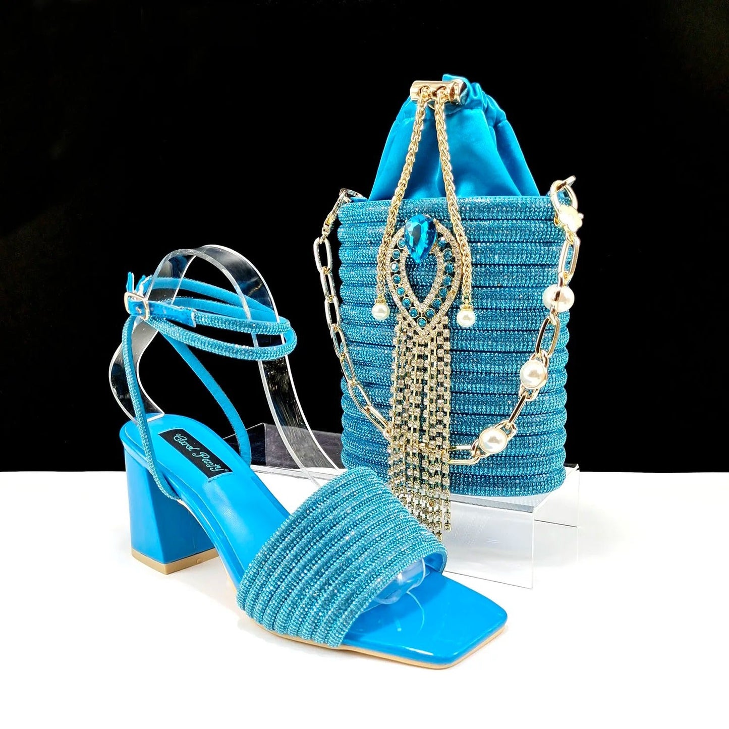 QSGFC Newest Black Color Personalized Design Rhinestone Decoration High Heel Peep Toe Banquet Ladies Shoes And Bag Set - MAGUSTA BEAUTY