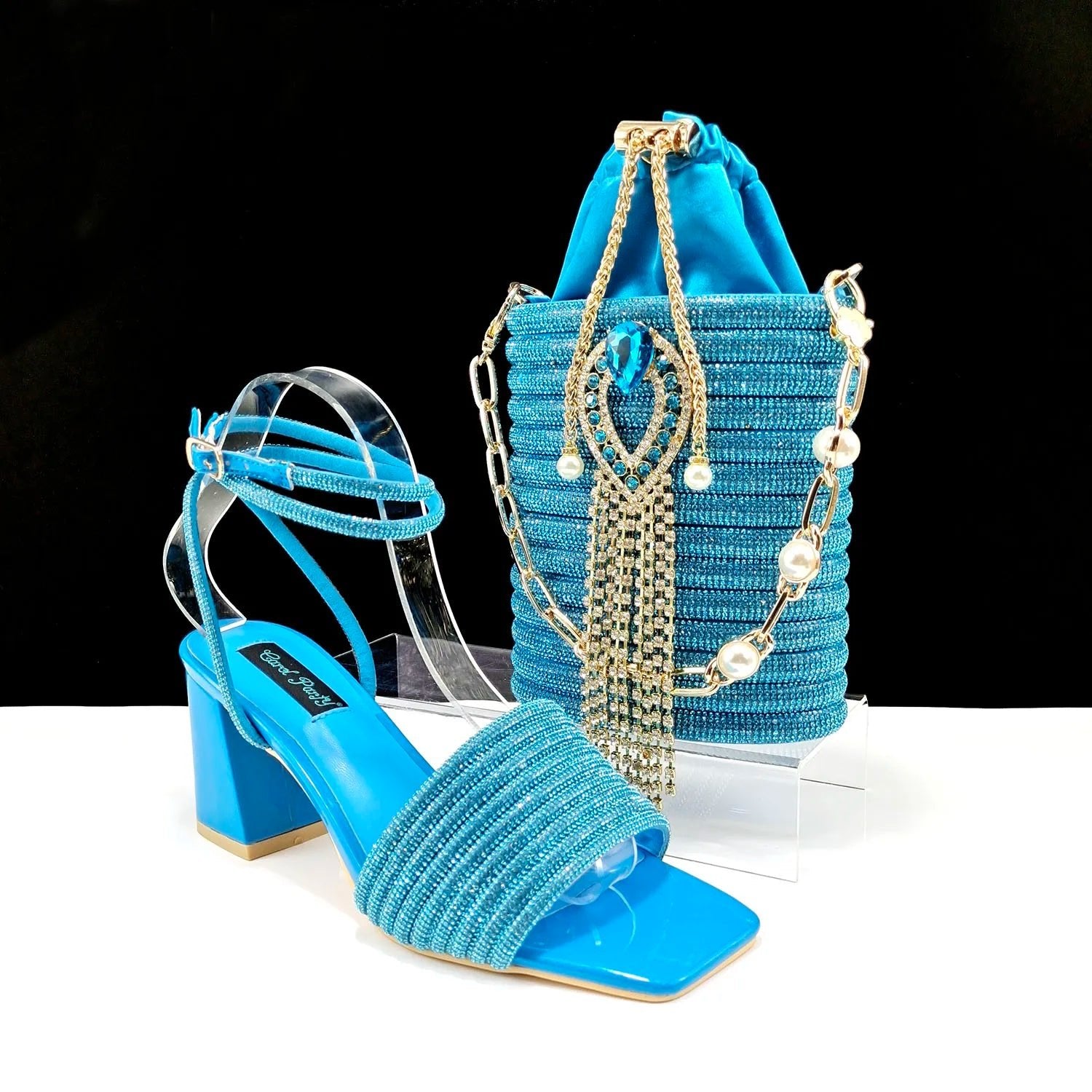 QSGFC Newest Black Color Personalized Design Rhinestone Decoration High Heel Peep Toe Banquet Ladies Shoes And Bag Set - MAGUSTA BEAUTY