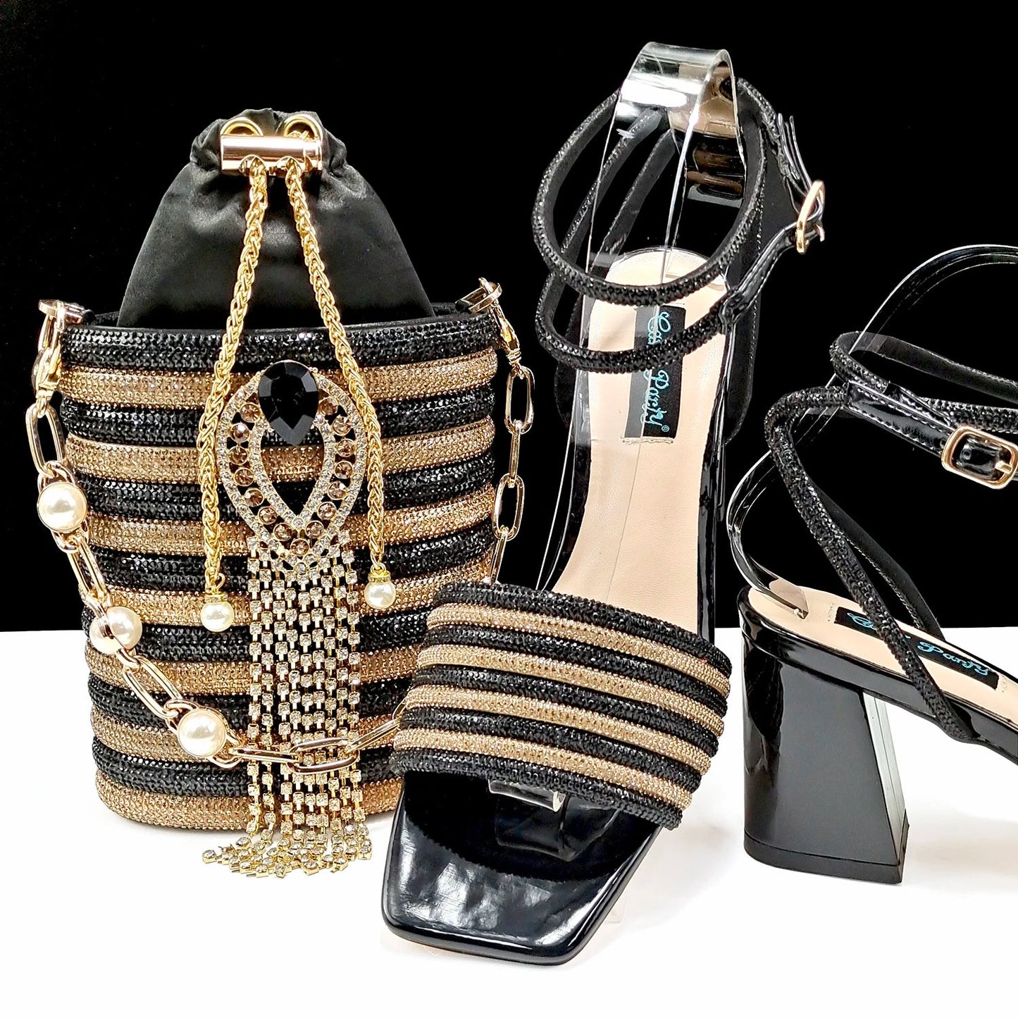 QSGFC Newest Black Color Personalized Design Rhinestone Decoration High Heel Peep Toe Banquet Ladies Shoes And Bag Set - MAGUSTA BEAUTY