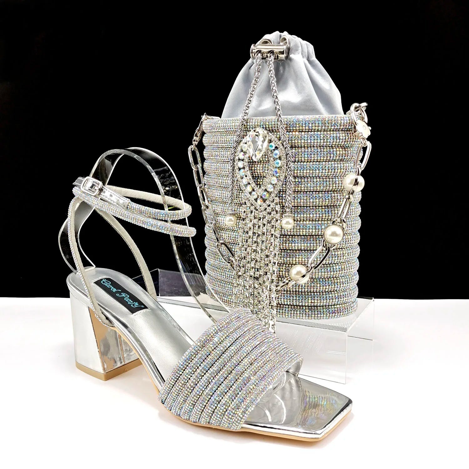 QSGFC Newest Black Color Personalized Design Rhinestone Decoration High Heel Peep Toe Banquet Ladies Shoes And Bag Set - MAGUSTA BEAUTY