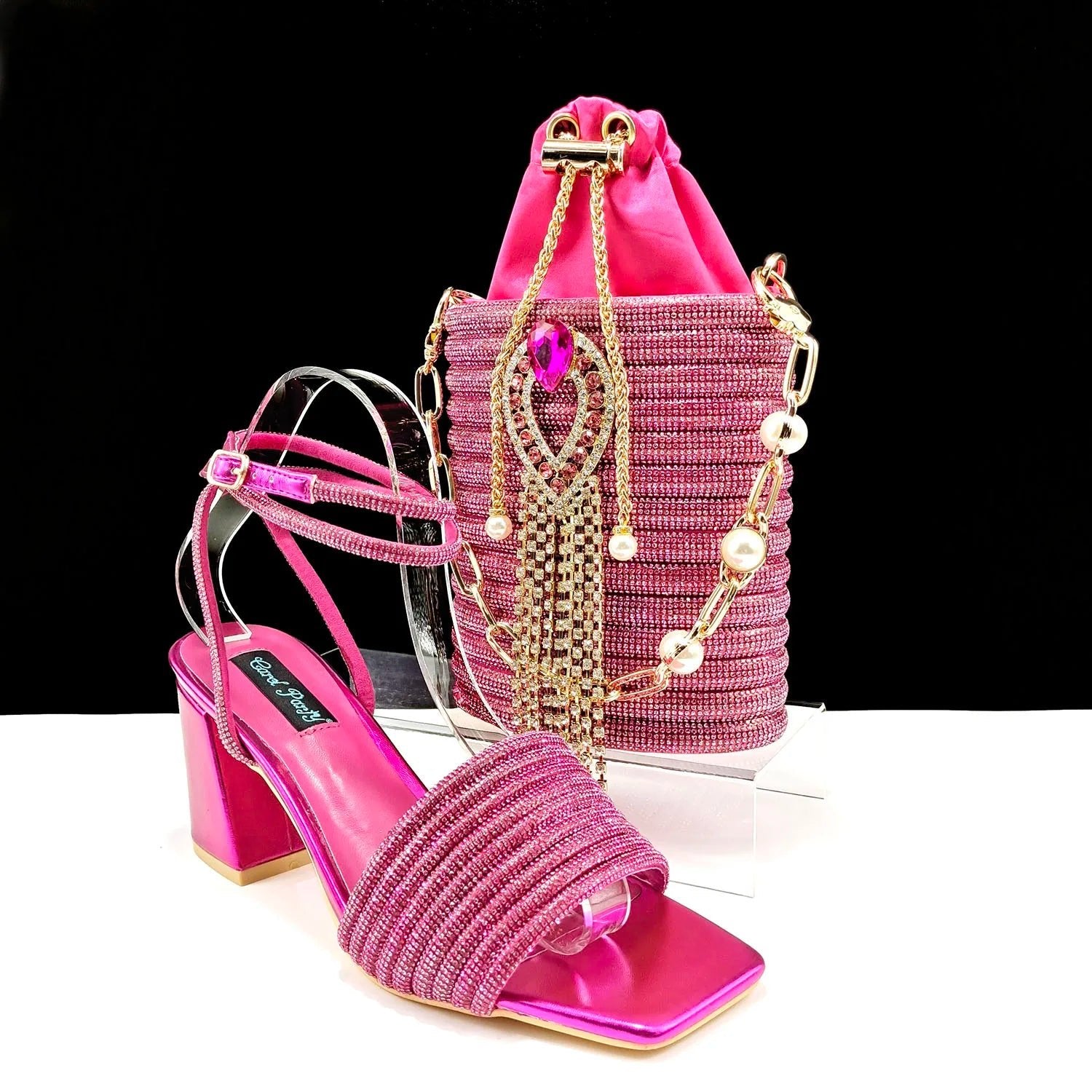 QSGFC Newest Black Color Personalized Design Rhinestone Decoration High Heel Peep Toe Banquet Ladies Shoes And Bag Set - MAGUSTA BEAUTY