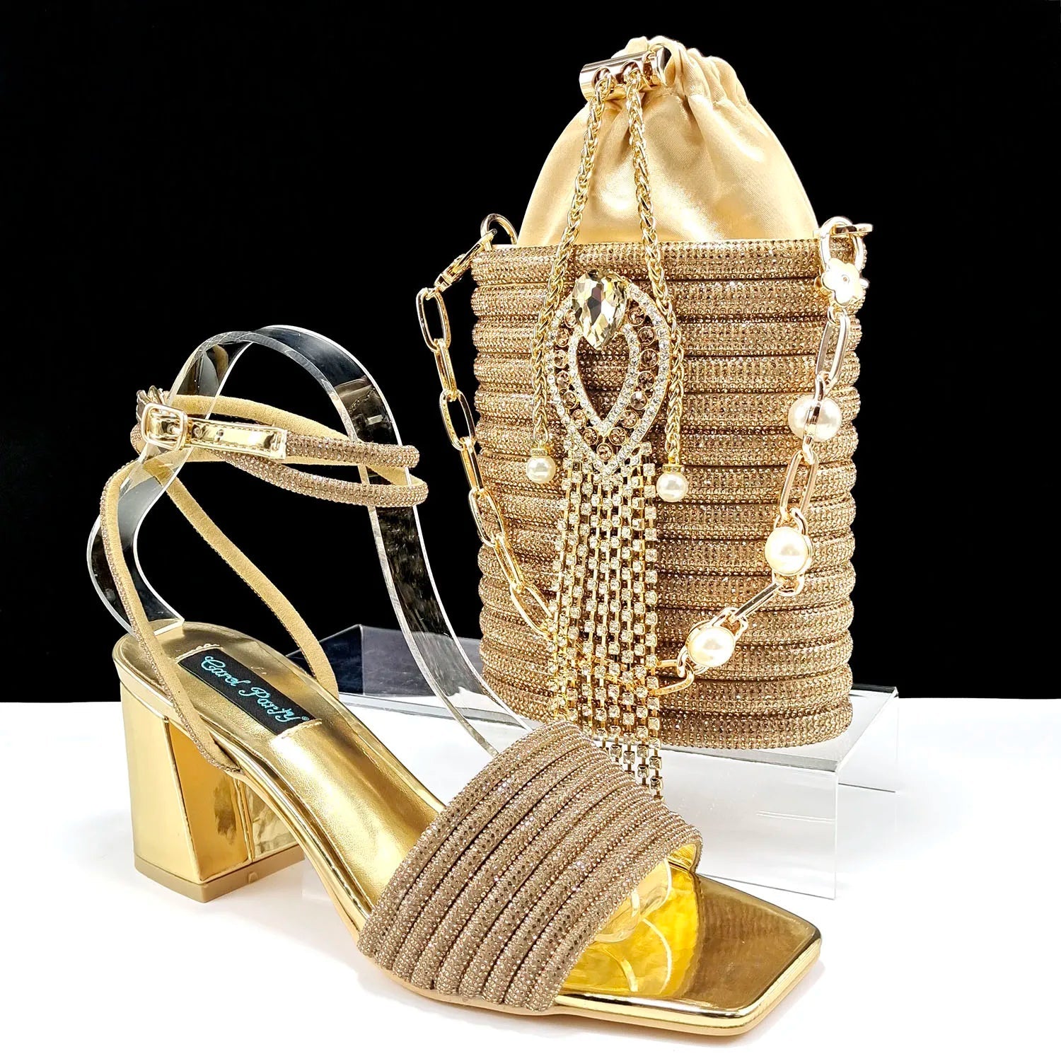 QSGFC Newest Black Color Personalized Design Rhinestone Decoration High Heel Peep Toe Banquet Ladies Shoes And Bag Set - MAGUSTA BEAUTY