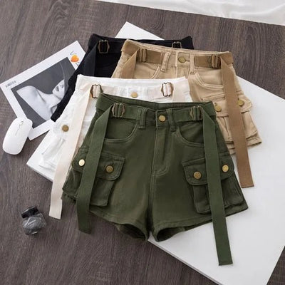 Retro Army Green Work Wear Denim Shorts New Summer Cool Girl Chic Belt Pocket Design High Waist Dance Ultra Short Hot Pants - MAGUSTA BEAUTY