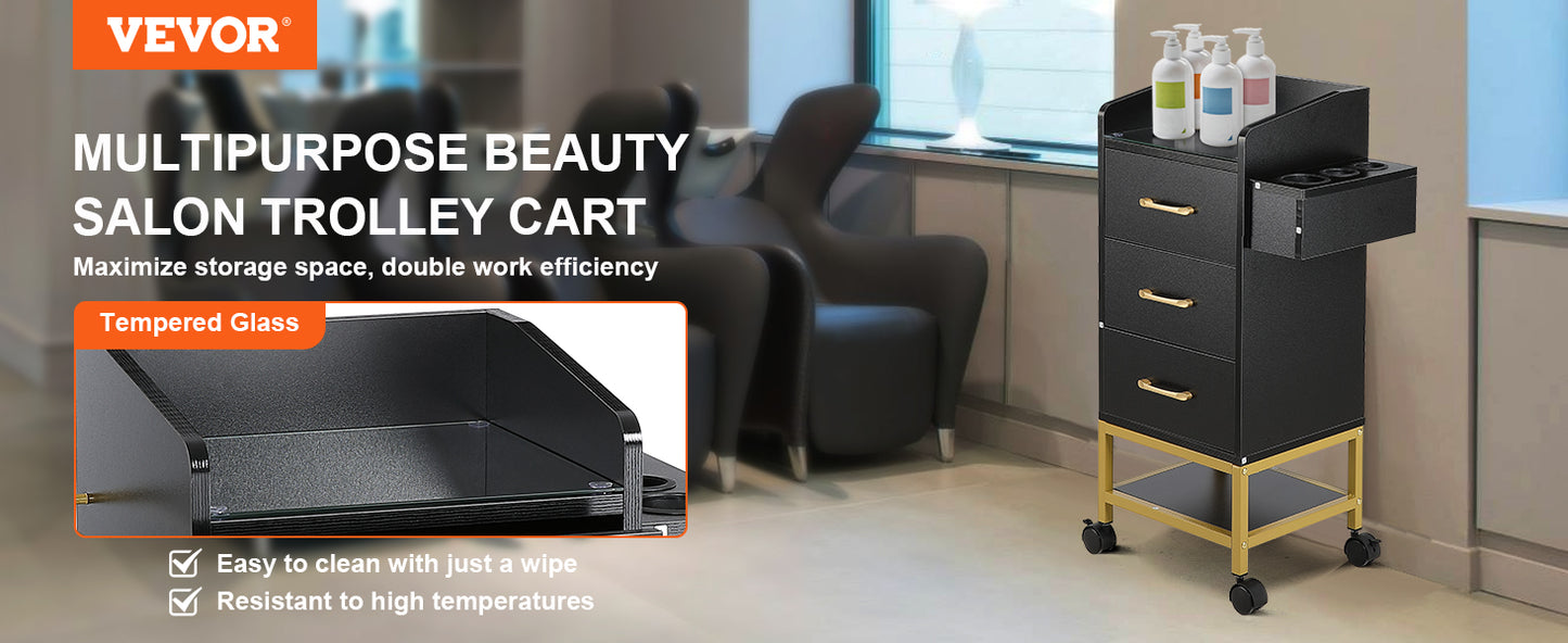 VEVOR Beauty Salon Storage Trolley Cart, Glass Top Hair Salon Station Cabinet for Stylist with Drawer & Dryer Holder