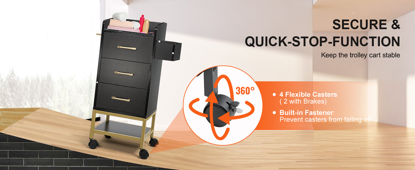 VEVOR Beauty Salon Storage Trolley Cart, Glass Top Hair Salon Station Cabinet for Stylist with Drawer & Dryer Holder