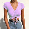 Sexy V Neck Cropped Tank Tops Women Drawstring Tie Up Front Camis Candy Colors Streetwear Slim Fit Ribbed Crop Top - MAGUSTA BEAUTY