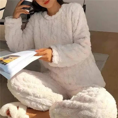 Soft Coral Velvet Jacquard Warm Pajama Set for Women Cozy Loungewear Outerwear for Winter Christmas Back to School Gift ﻿ - MAGUSTA BEAUTY