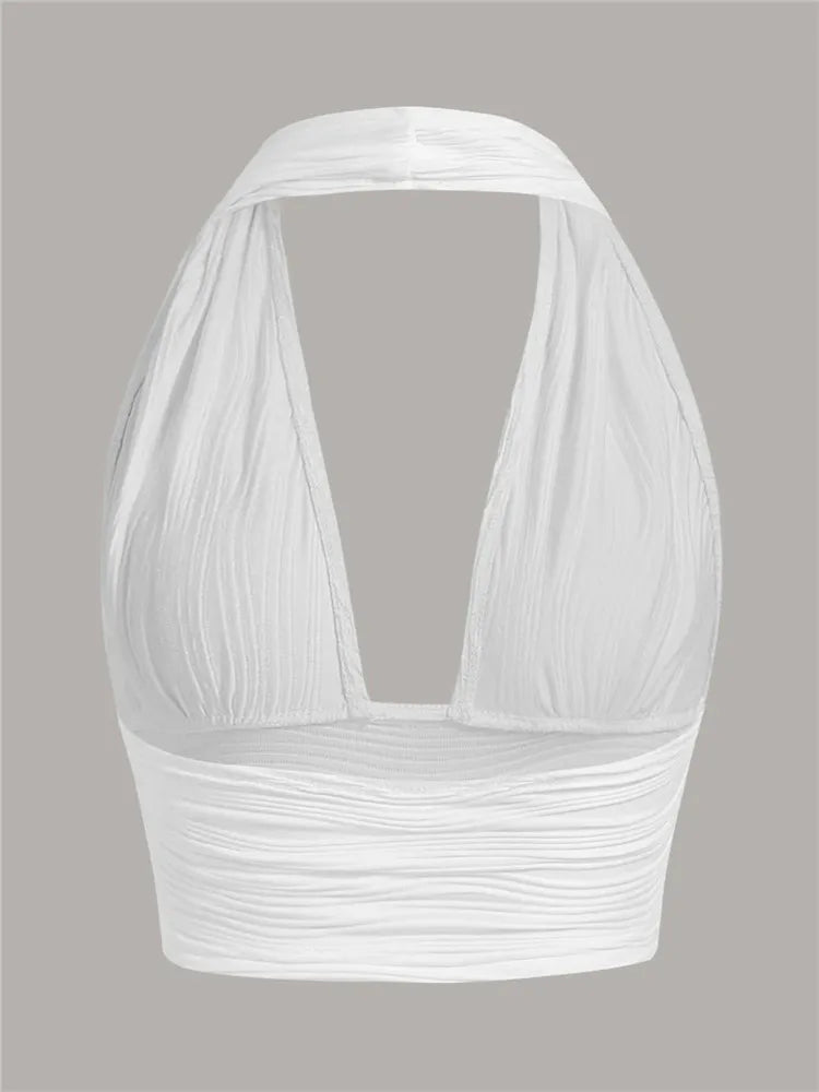 Solid White Backless Crop Halter Top Women Summer Y2K Club Grunge Clothes Deep V - neck Backless Sleeveless Tank Top Streetwear - MAGUSTA BEAUTY