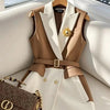 Spring Summer Jacket Vest Color Block Coffee Sleeveless Blazers Waistcoat Retro Female Outerwear All - match Fashion Office Lady - MAGUSTA BEAUTY