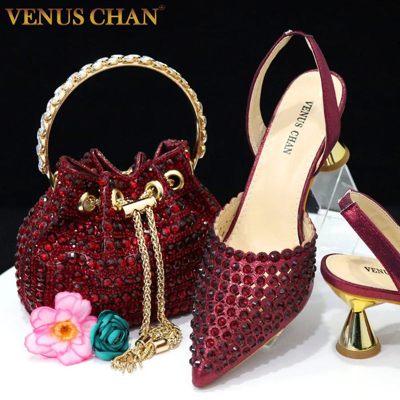 Venus Chan Pointed Toe Heels for Women 2023 Elegant Party Wine Color Full Diamond Pumps Italian Shoes and Bags Matching Set - MAGUSTA BEAUTY