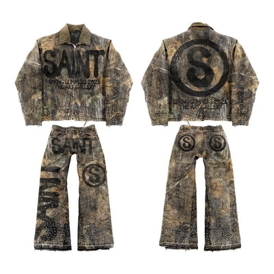 Vintage Leaves Camouflage Jeans Jacket Two Piece Set Y2K Suit Men Letters Rhinestone Sequins Oversized Coat Baggy Jeans Clothing - MAGUSTA BEAUTY