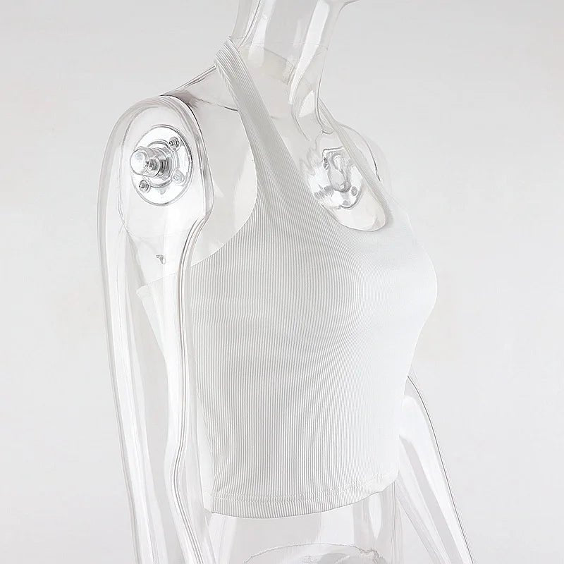 White Halter Sexy Backless Tank Tops for Women Streetwear 2023 Sleeveless Ribbed Knit Vest Top Cropped Feminino - MAGUSTA BEAUTY