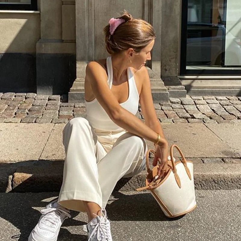 White Halter Sexy Backless Tank Tops for Women Streetwear 2023 Sleeveless Ribbed Knit Vest Top Cropped Feminino - MAGUSTA BEAUTY