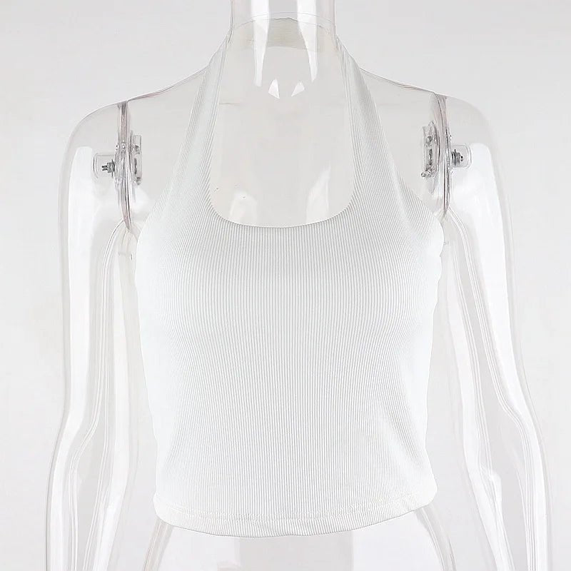 White Halter Sexy Backless Tank Tops for Women Streetwear 2024 Sleeveless Ribbed Knit Vest Top Cropped Feminino - MAGUSTA BEAUTY