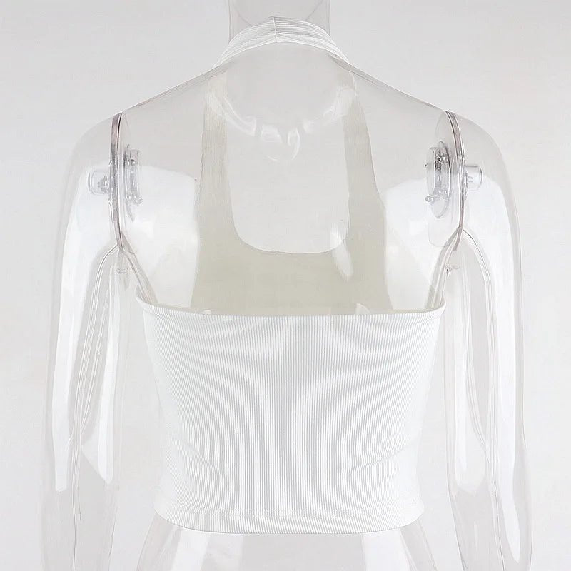 White Halter Sexy Backless Tank Tops for Women Streetwear 2024 Sleeveless Ribbed Knit Vest Top Cropped Feminino - MAGUSTA BEAUTY