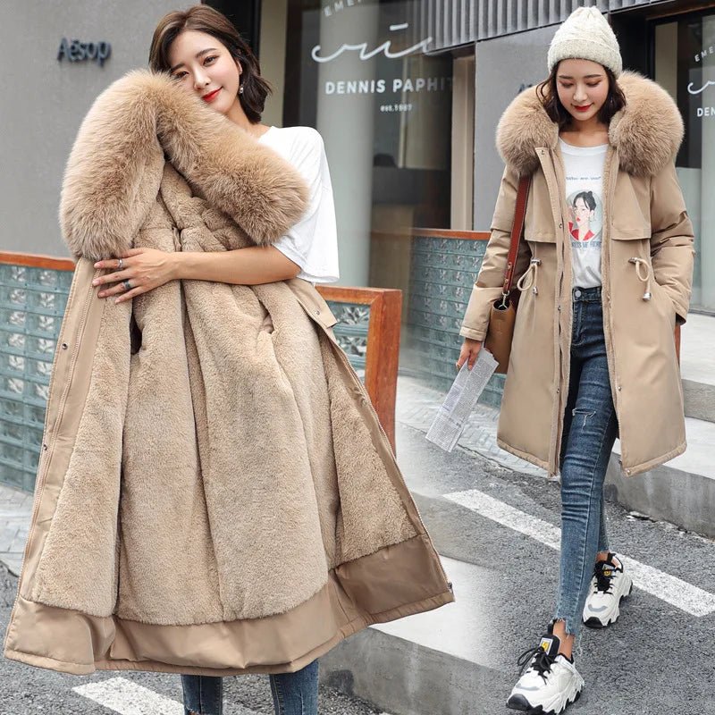 Women Winter Parka Warm Hooded Long Sleeve Zipper Thick Jackets Fur Collar Fleece Drawstring Long Coat Casual Streetwear Outwear - MAGUSTA BEAUTY