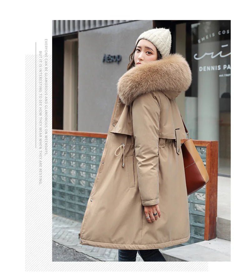 Women Winter Parka Warm Hooded Long Sleeve Zipper Thick Jackets Fur Collar Fleece Drawstring Long Coat Casual Streetwear Outwear - MAGUSTA BEAUTY