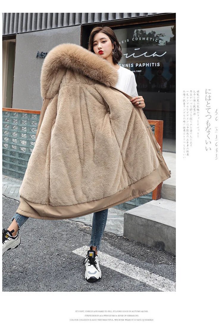 Women Winter Parka Warm Hooded Long Sleeve Zipper Thick Jackets Fur Collar Fleece Drawstring Long Coat Casual Streetwear Outwear - MAGUSTA BEAUTY